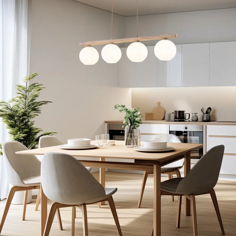 Lampadari Cucina-Selezionato da Mazzolaluce Lampadario in legno e vetro per tavolo da cucina