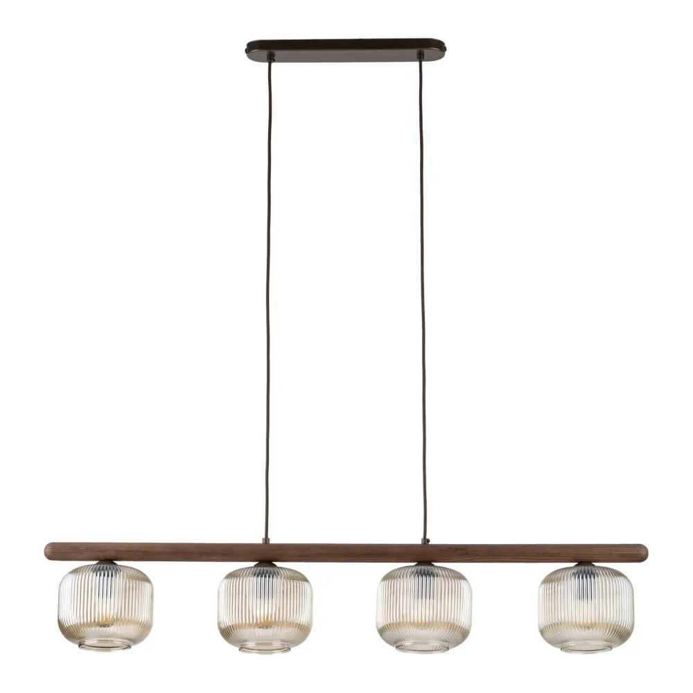 Lampadari Moderni-Selezionato da Mazzolaluce Lampadario in legno sfere di vetro cognac trasparente per sala da pranzo
