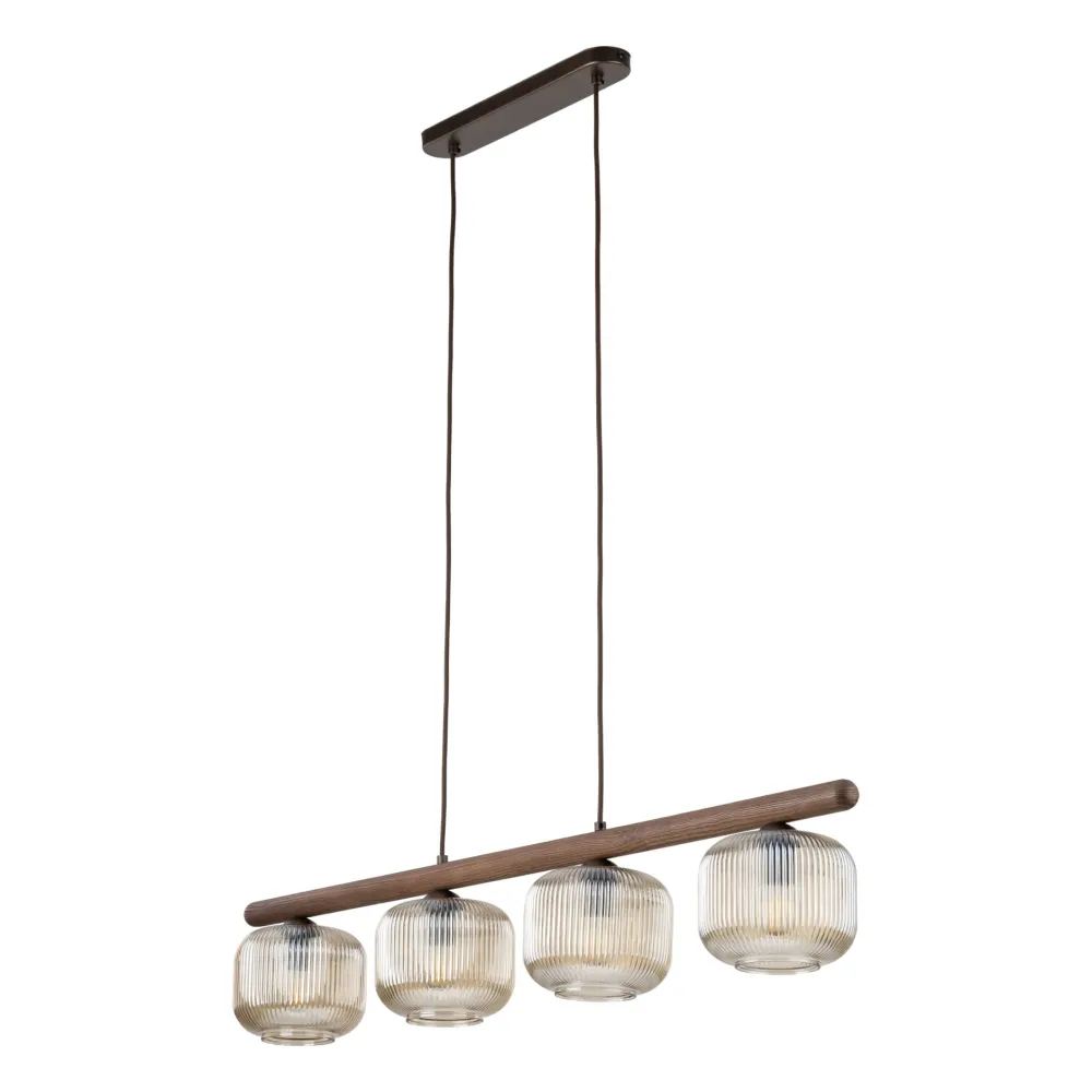 Lampadari Moderni-Selezionato da Mazzolaluce Lampadario in legno sfere di vetro cognac trasparente per sala da pranzo