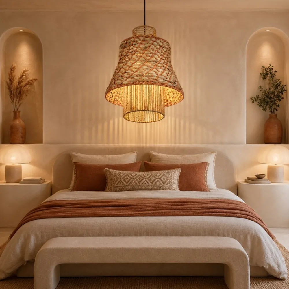Lampadari Moderni-Selezionato da Mazzolaluce Lampadario in rattan corda naturale arancione cavo nero