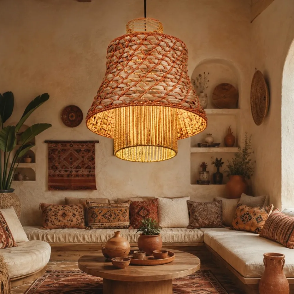 Lampadari Moderni-Selezionato da Mazzolaluce Lampadario in rattan corda naturale arancione cavo nero