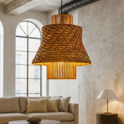 Lampadari Moderni-Selezionato da Mazzolaluce Lampadario in rattan corda naturale arancione cavo nero