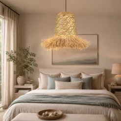 Lampadario Camera Da Letto-Selezionato da Mazzolaluce Lampadario in rattan giacinto d'acqua rafia corda verde salvia per camera da letto