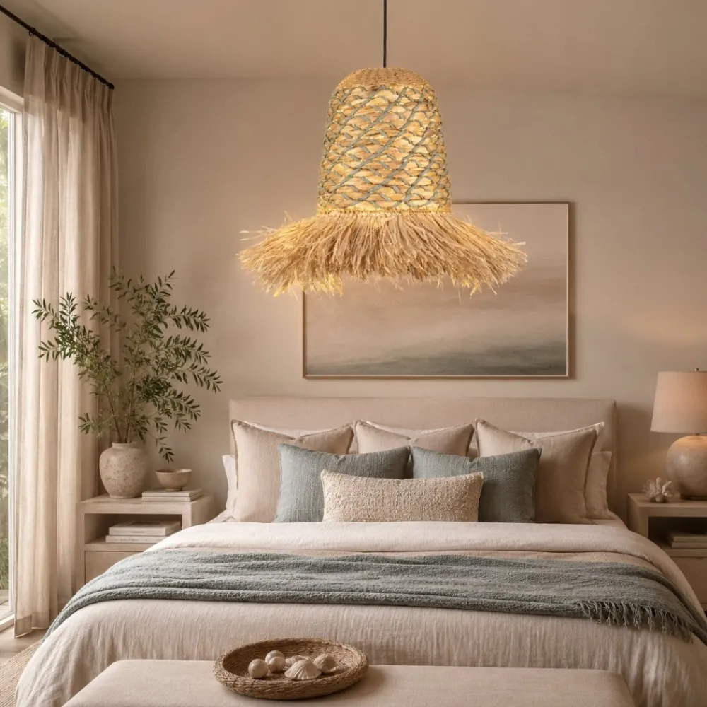 Lampadario Camera Da Letto-Selezionato da Mazzolaluce Lampadario in rattan giacinto d'acqua rafia corda verde salvia per camera da letto