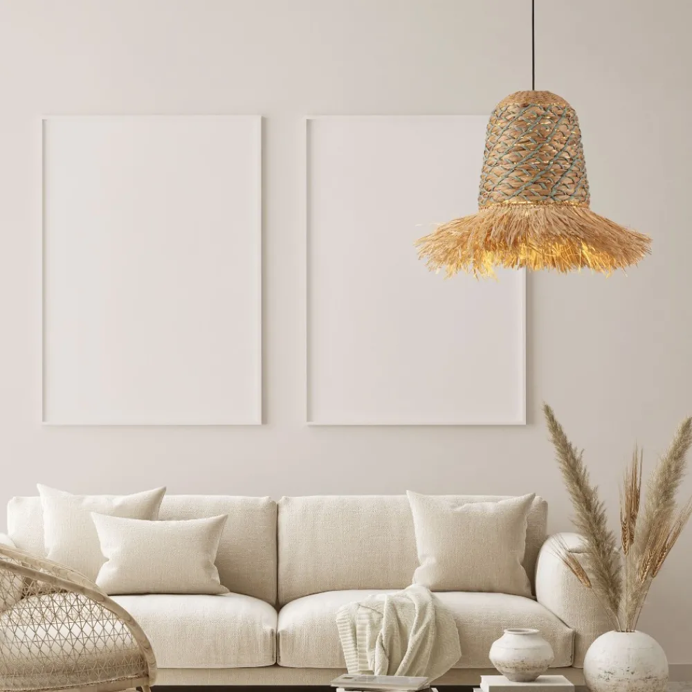 Lampadario Camera Da Letto-Selezionato da Mazzolaluce Lampadario in rattan giacinto d'acqua rafia corda verde salvia per camera da letto