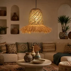 Lampadario Camera Da Letto-Selezionato da Mazzolaluce Lampadario in rattan giacinto d'acqua rafia corda verde salvia per camera da letto