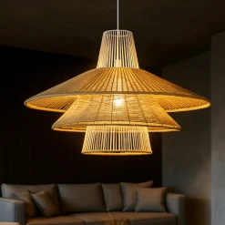 Lampadari Moderni-Selezionato da Mazzolaluce Lampadario in rattan naturale e corda arancione