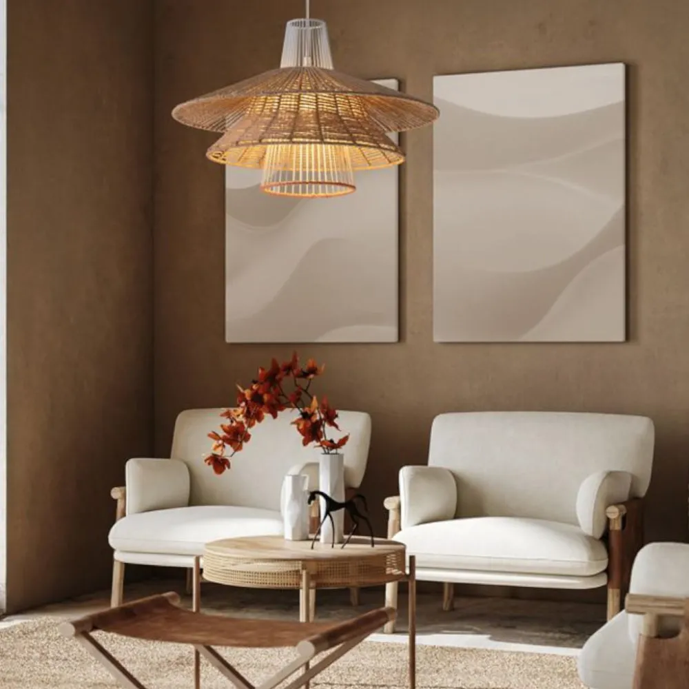 Lampadari Moderni-Selezionato da Mazzolaluce Lampadario in rattan naturale e corda arancione