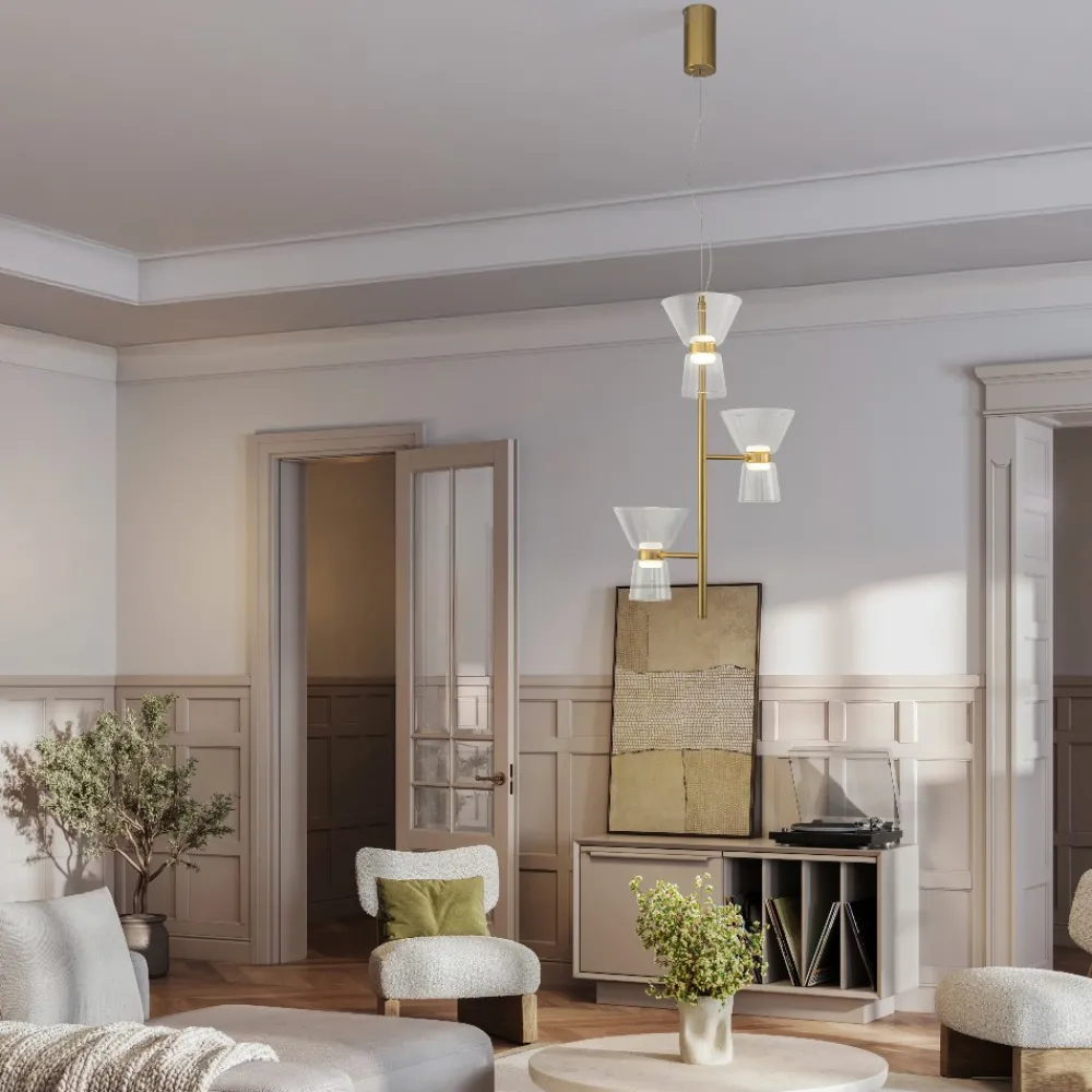 Lampadari Moderni-Selezionato da Mazzolaluce Lampadario led biemissione design oro per soggiorno contemporaneo