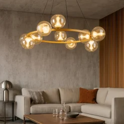 Lampadari Moderni-Selezionato da Mazzolaluce Lampadario led oro tondo con sfere di vetro per soggiorno