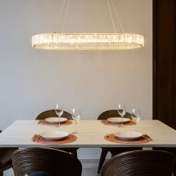 Lampadari Moderni-Selezionato da Mazzolaluce Lampadario led ovale oro di cristalli per tavolo soggiorno