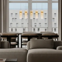 Lampadari Moderni-Selezionato da Mazzolaluce Lampadario 4 luci capsule di vetro ambra pendenti led dimmerabile design moderno