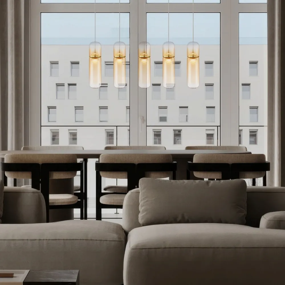 Lampadari Moderni-Selezionato da Mazzolaluce Lampadario 4 luci capsule di vetro ambra pendenti led dimmerabile design moderno