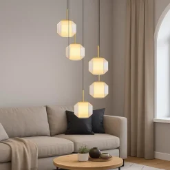 Lampadari Moderni-Selezionato da Mazzolaluce Lampadario moderno a cascata 5 luci vetro e metallo oro
