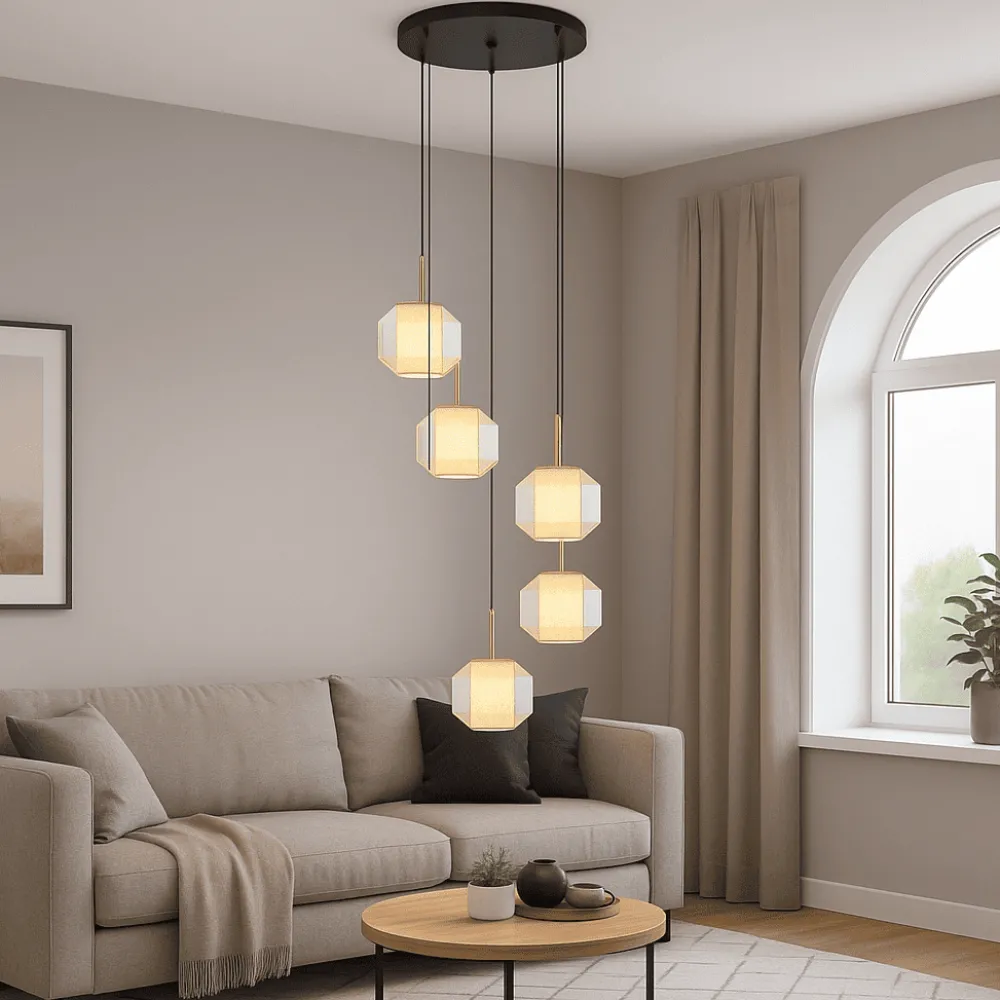 Lampadari Moderni-Selezionato da Mazzolaluce Lampadario moderno a cascata 5 luci vetro e metallo oro