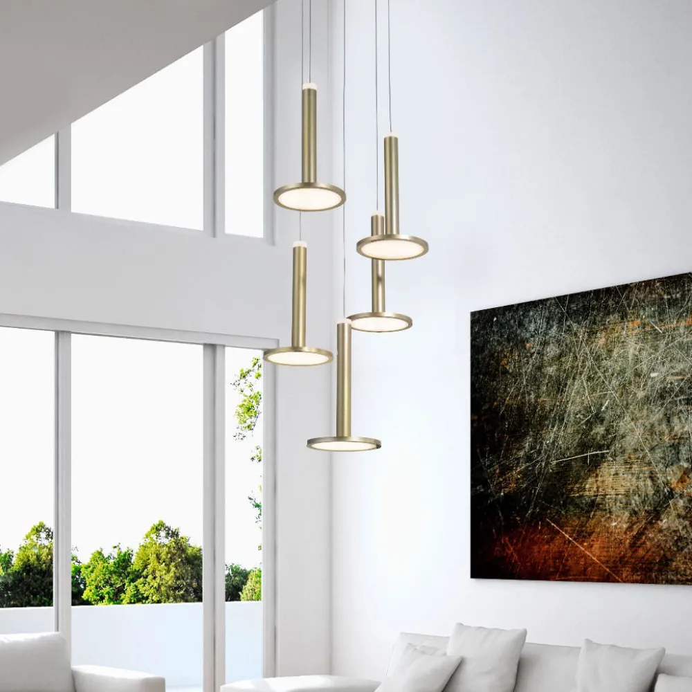 Lampadari Moderni-Selezionato da Mazzolaluce Lampadario moderno a cascata 5 luci dischi ottone led 3000k
