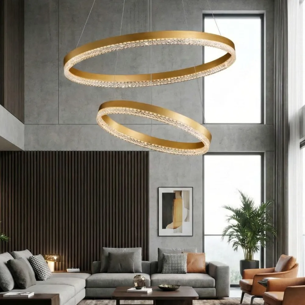 Lampadari Moderni-Selezionato da Mazzolaluce Lampadario moderno anelli oro spazzolato cristalli led 3000k dimmerabile