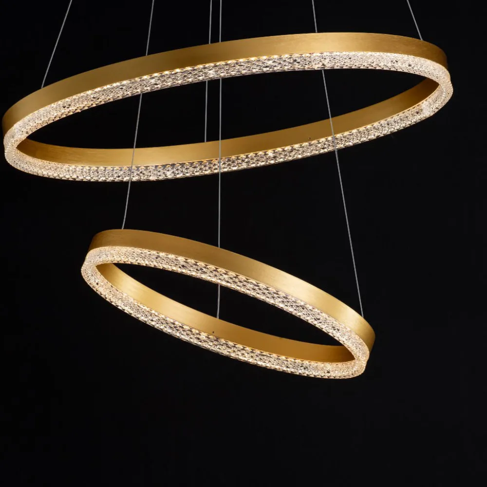 Lampadari Moderni-Selezionato da Mazzolaluce Lampadario moderno anelli oro spazzolato cristalli led 3000k dimmerabile