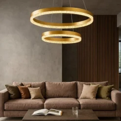 Lampadari Moderni-Selezionato da Mazzolaluce Lampadario moderno anelli oro spazzolato cristalli led 3000k dimmerabile