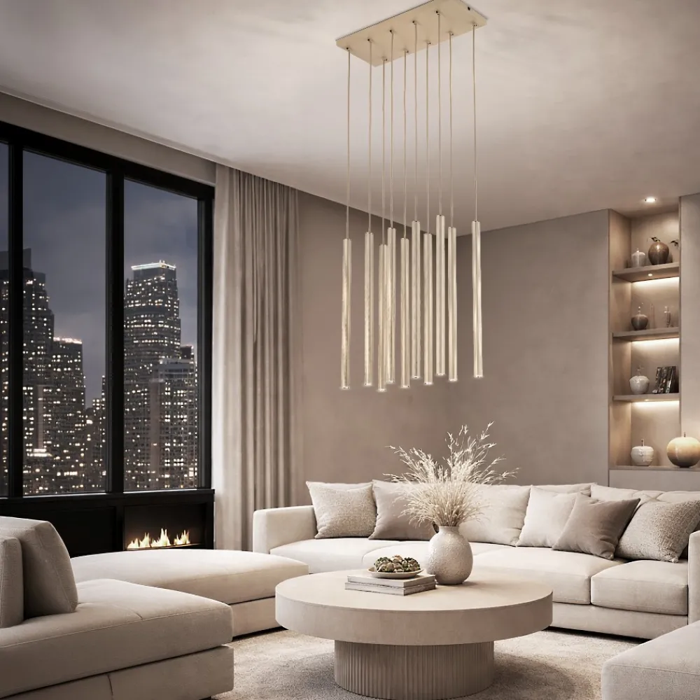 Lampadari Moderni-Selezionato da Mazzolaluce Lampadario moderno cilindri a sospensione bicolore sabbia champagne per soggiorno