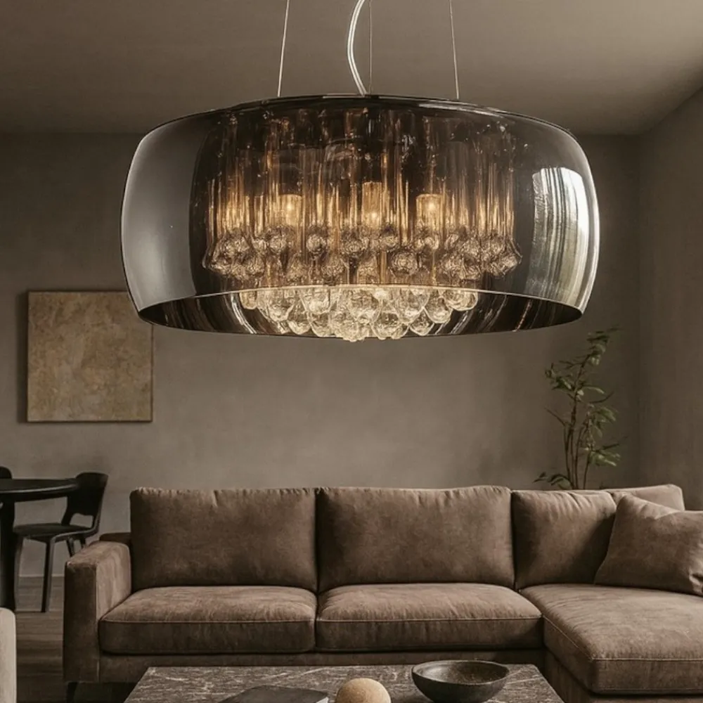 Lampadari Moderni-Selezionato da Mazzolaluce Lampadario moderno da salotto tondo con pendenti in vetro