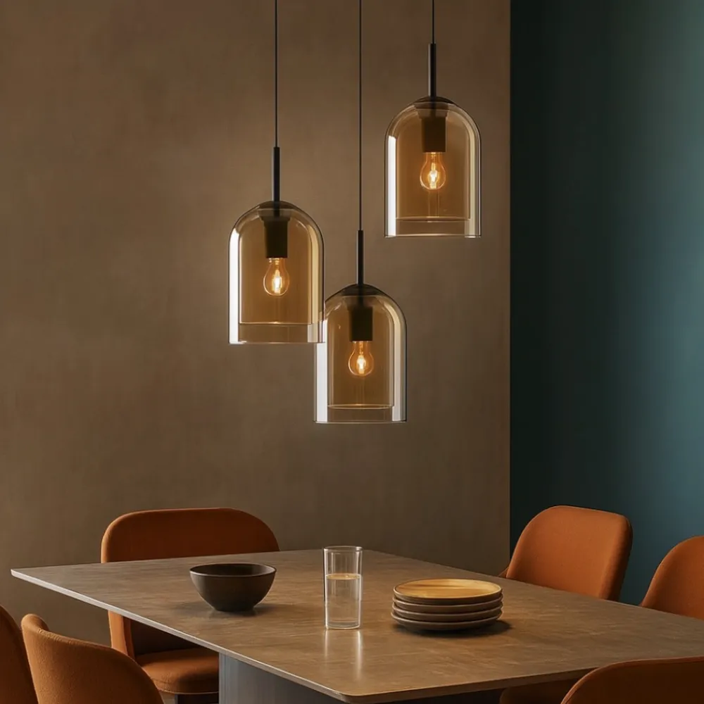 Lampadari Moderni-Selezionato da Mazzolaluce Lampadario moderno doppi vetri ambra trasparente