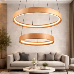 Lampadari Moderni-Selezionato da Mazzolaluce Lampadario moderno due anelli di legno naturale led dimmerabile