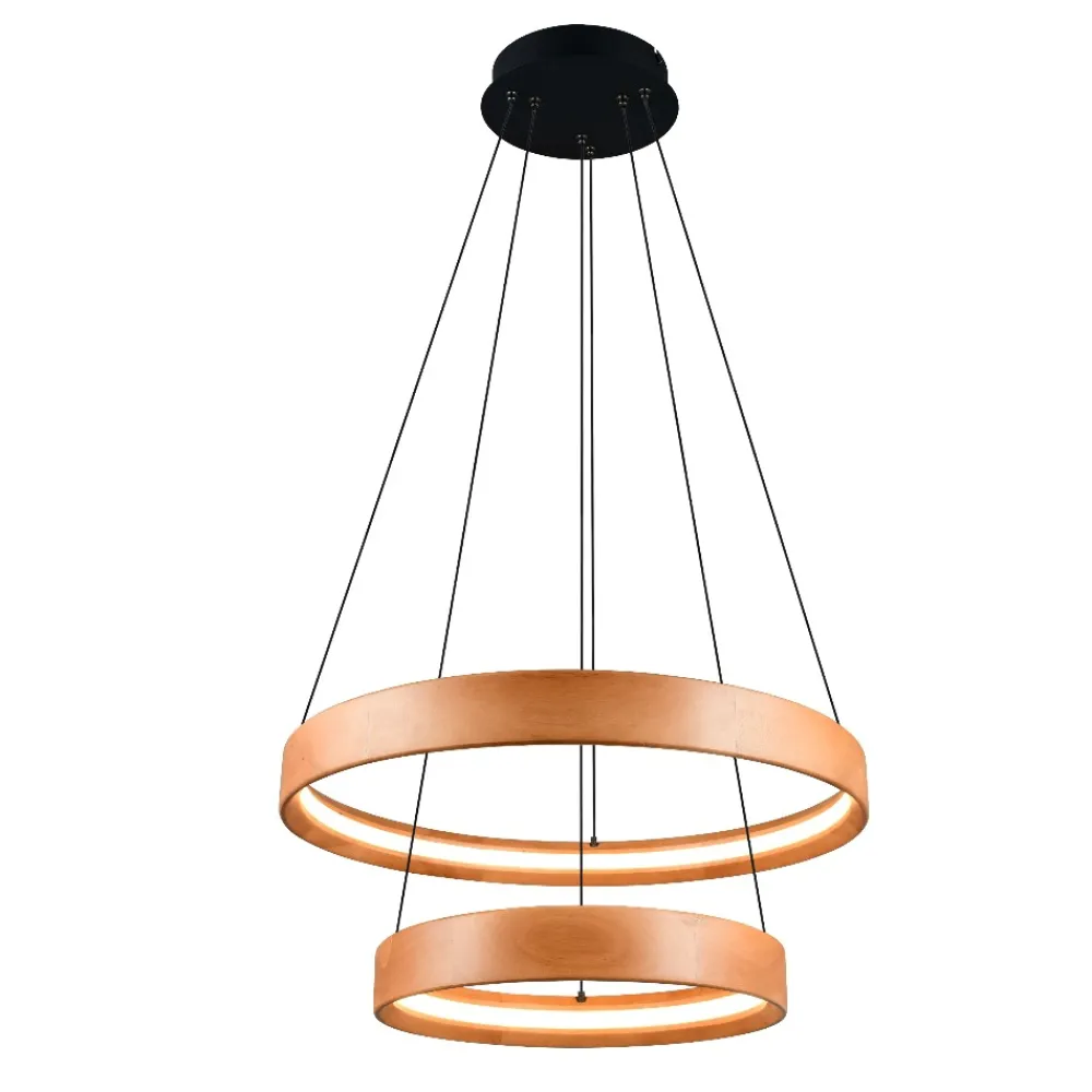 Lampadari Moderni-Selezionato da Mazzolaluce Lampadario moderno due anelli di legno naturale led dimmerabile
