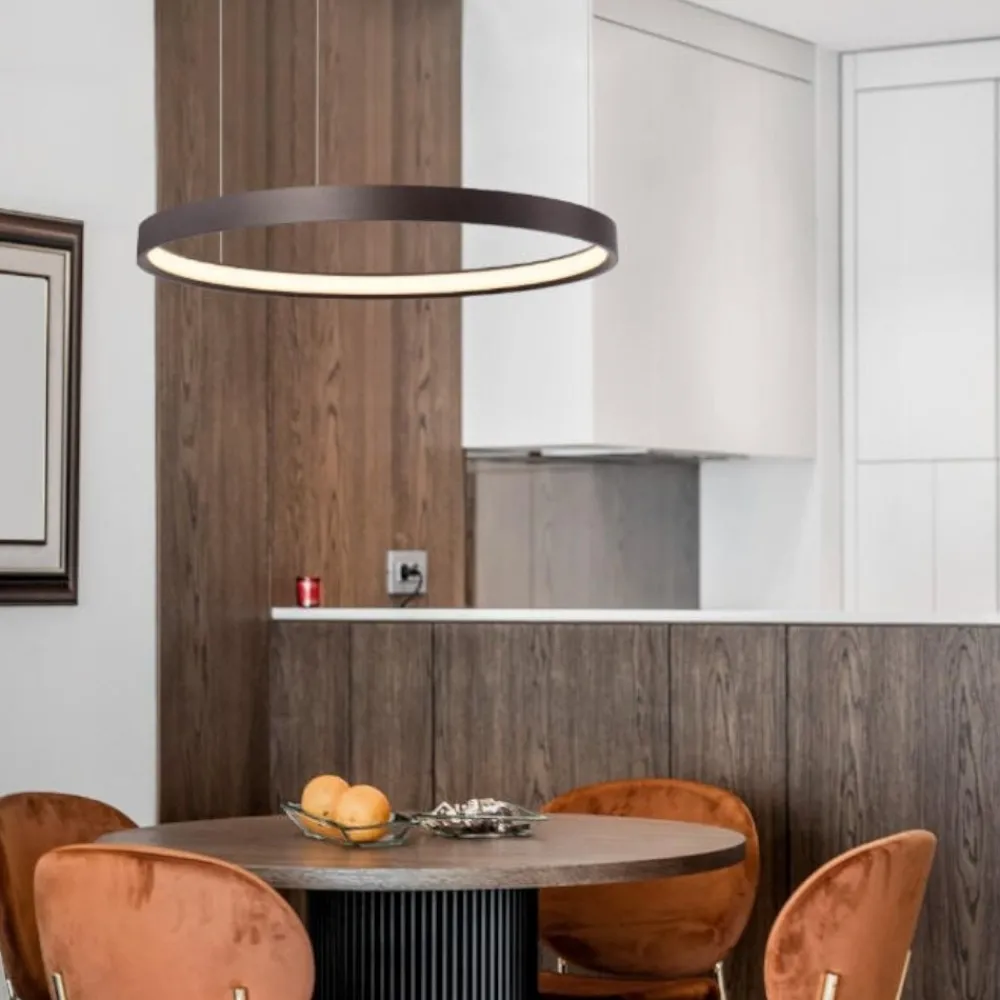 Lampadari Moderni-Selezionato da Mazzolaluce Lampadario moderno led 40w 3000k cerchio marrone spazzolato