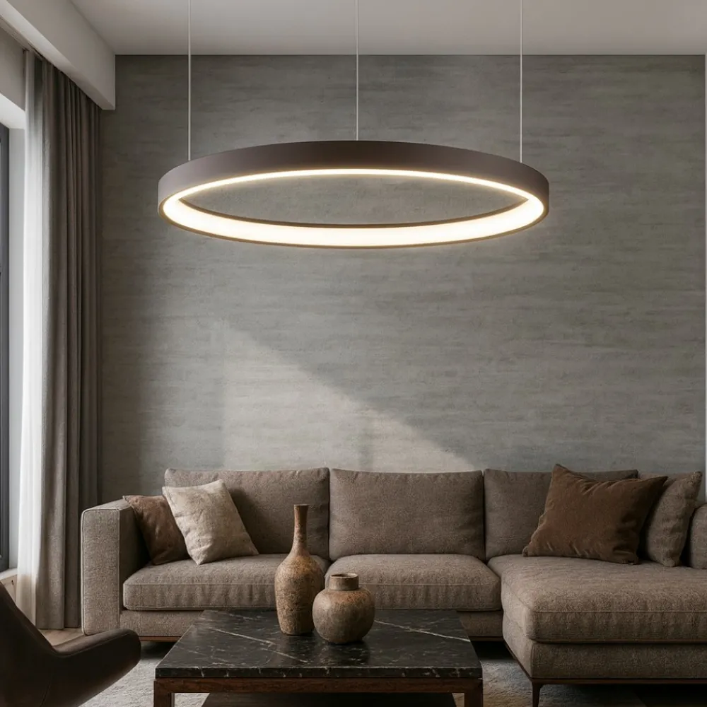 Lampadari Moderni-Selezionato da Mazzolaluce Lampadario moderno led 40w 3000k cerchio marrone spazzolato