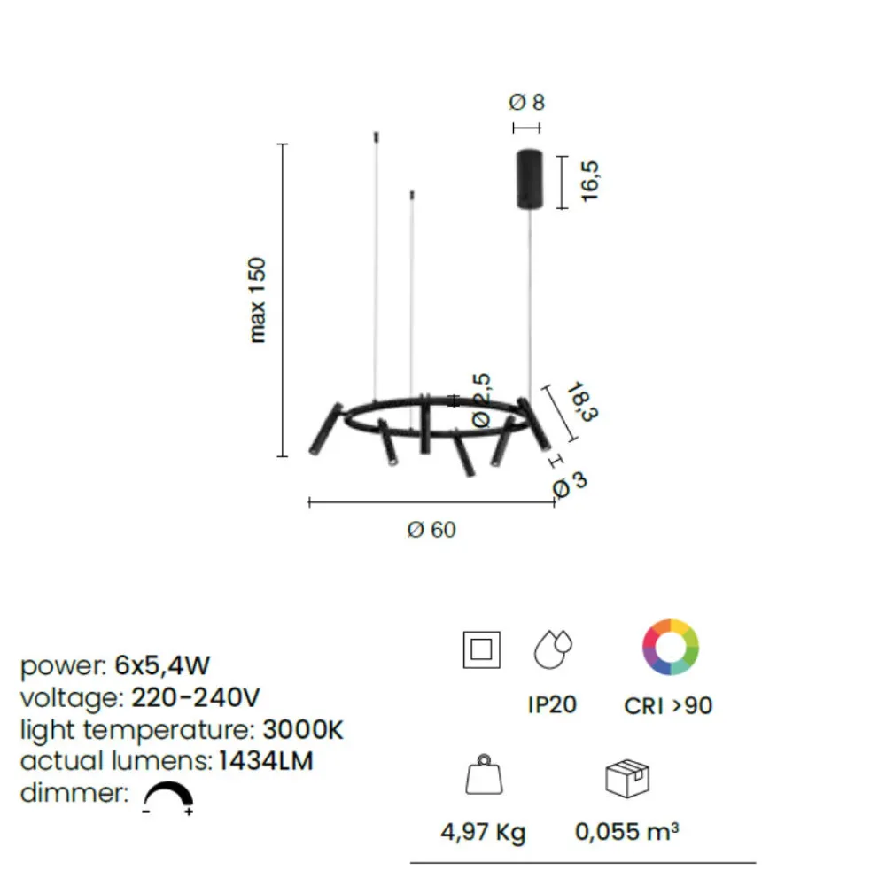 Lampadari Moderni-Ondaluce Lampadario moderno nero 6 luci led orientabili led 3000k teddy