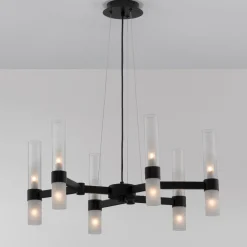 Lampadari Moderni-Selezionato da Mazzolaluce Lampadario moderno nero vetri tubolari bianchi design per soggiorno 12 luci