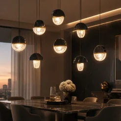 Lampadari Moderni-Selezionato da Mazzolaluce Lampadario moderno 8 pendenti in marmo nero e vetro elegante per tavolo sala da pranzo
