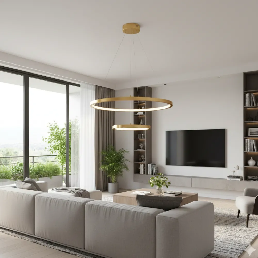 Lampadari Moderni-Selezionato da Mazzolaluce Lampadario moderno per salotto anelli oro led 60w 3000k
