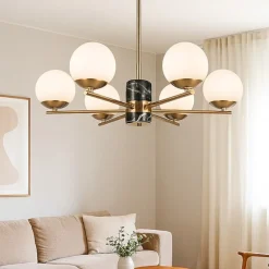 Lampadari Moderni-Maytoni Lampadario moderno per soggiorno colore oro 6 luci sferiche vetro bianco