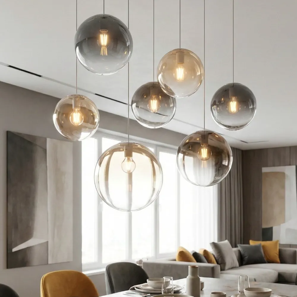 Lampadari Moderni-Top Light Lampadario moderno sfere di vetro ambra fume sospese per tavolo soggiorno