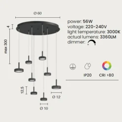 Lampadari Moderni-Ondaluce Lampadario nero a sospensione 8 luci led dimmerabile 3000k per tavolo soggiorno