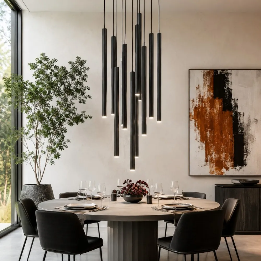 Lampadari Moderni-Selezionato da Mazzolaluce Lampadario nero con cilindri rigati pendenti a sospensione moderno per tavolo soggiorno