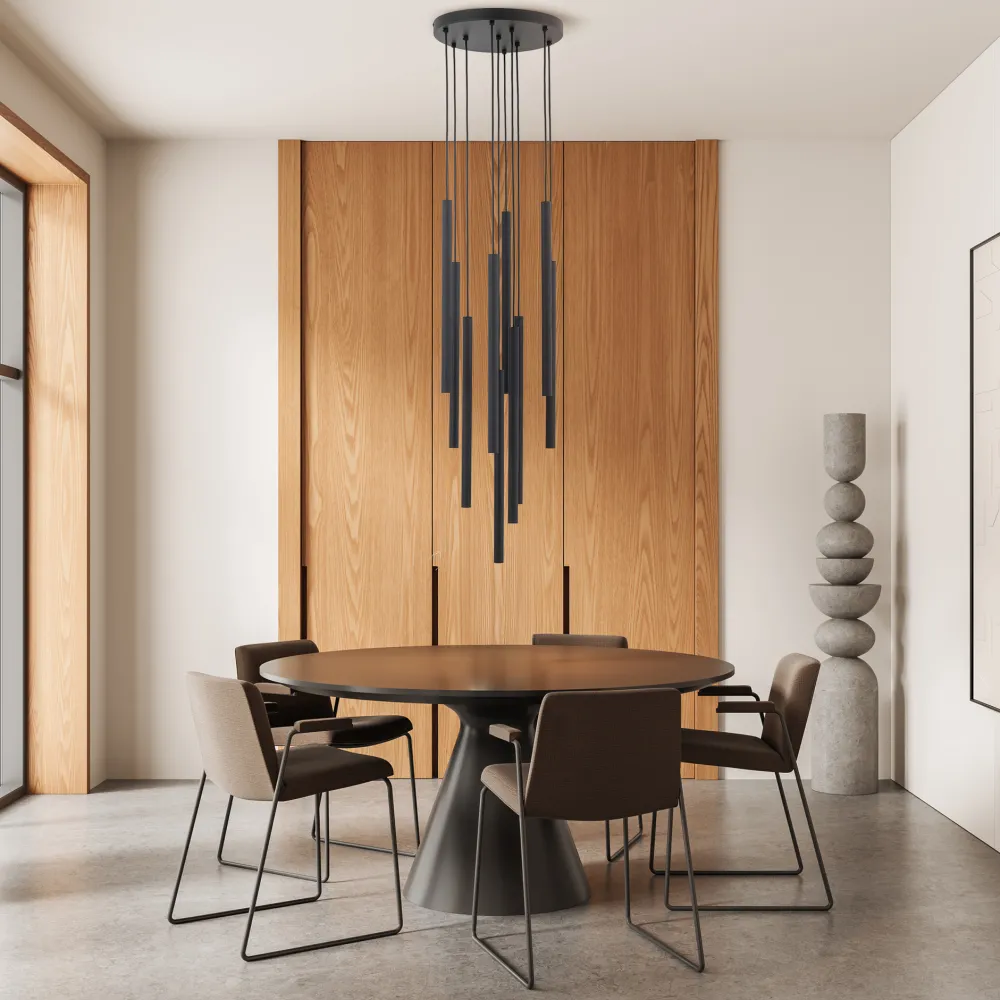 Lampadari Moderni-Selezionato da Mazzolaluce Lampadario nero con cilindri rigati pendenti a sospensione moderno per tavolo soggiorno