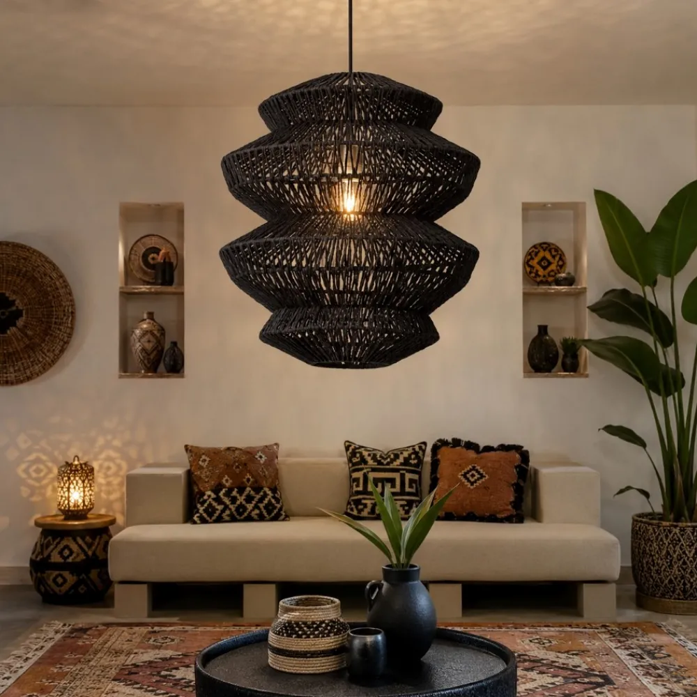 Lampadari Moderni-Selezionato da Mazzolaluce Lampadario nero in rattan 50 cm a sospensione