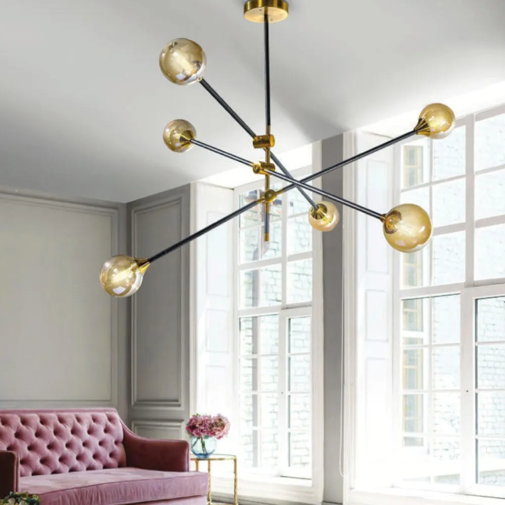 Lampadari Moderni-Selezionato da Mazzolaluce Lampadario nero oro 6 luci orientabili vetri ambra per soggiorno