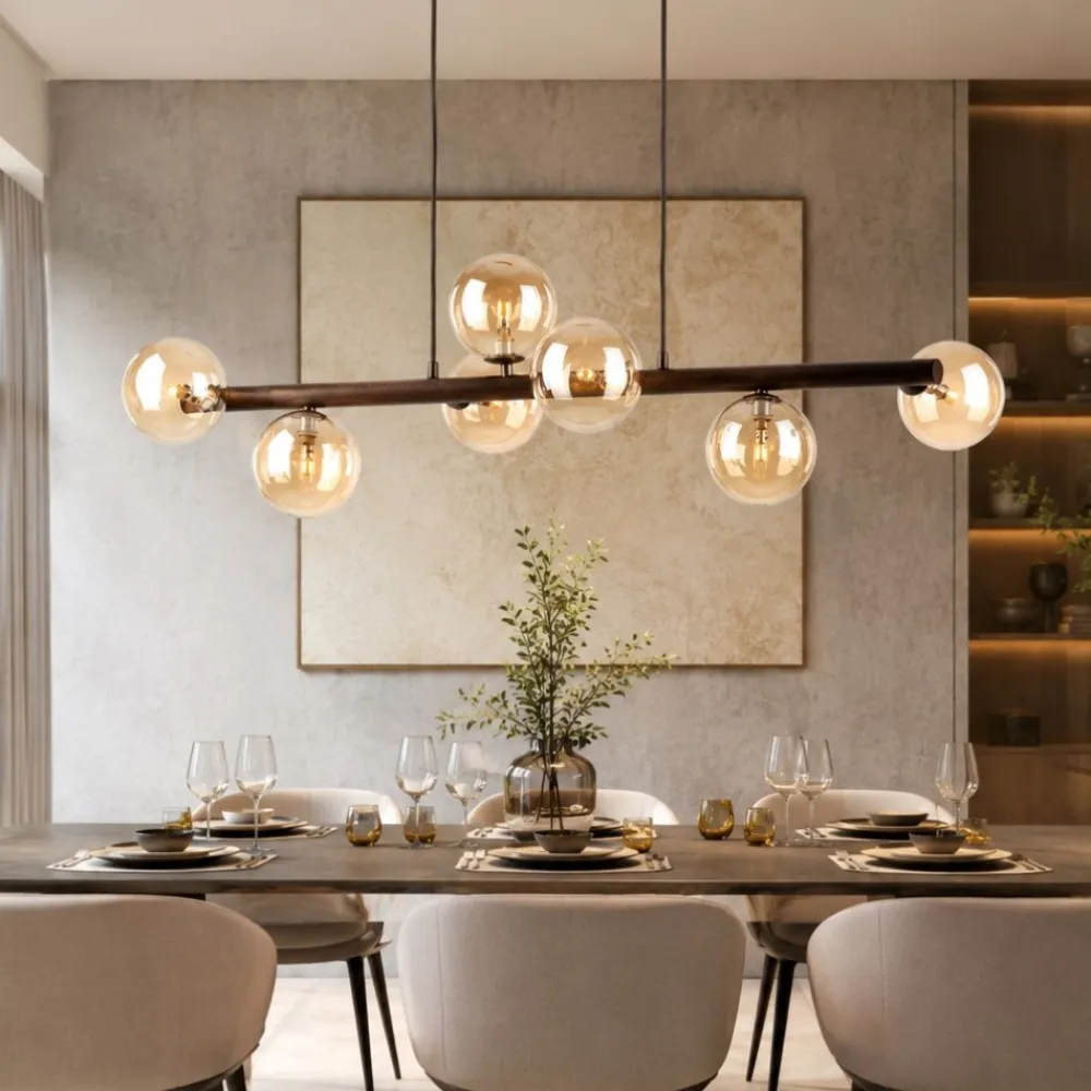 Lampadari Cucina-Selezionato da Mazzolaluce Lampadario orizzontale barra in legno noce per cucina sfere di vetro ambra