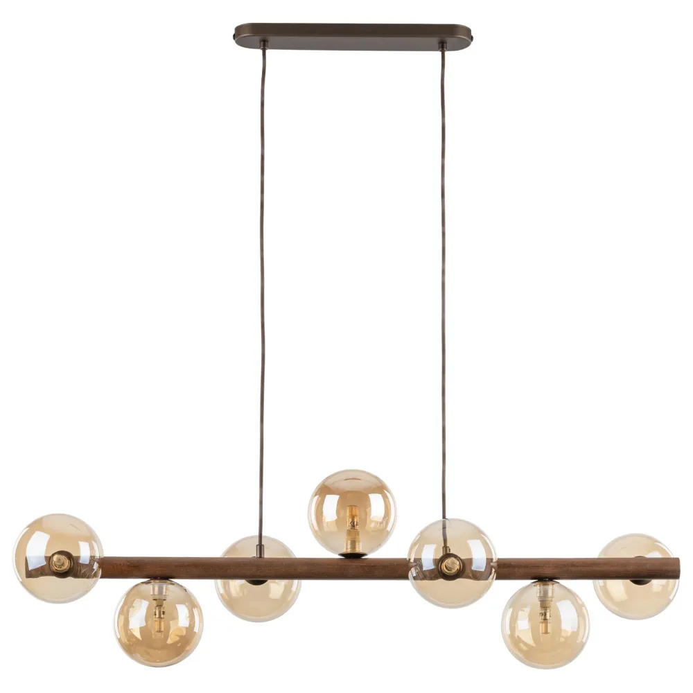 Lampadari Cucina-Selezionato da Mazzolaluce Lampadario orizzontale barra in legno noce per cucina sfere di vetro ambra