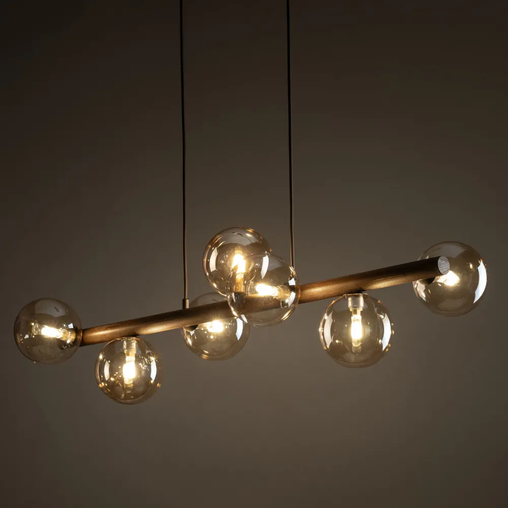 Lampadari Cucina-Selezionato da Mazzolaluce Lampadario orizzontale barra in legno noce per cucina sfere di vetro ambra
