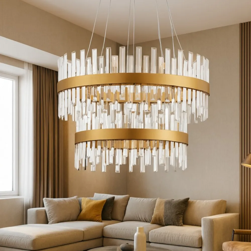 Lampadari Moderni-Selezionato da Mazzolaluce Lampadario oro moderno con cristalli molati trasparenti