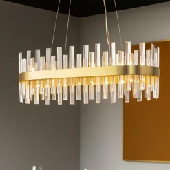 Lampadari Moderni-Selezionato da Mazzolaluce Lampadario oro ovale con cristalli per soggiorno