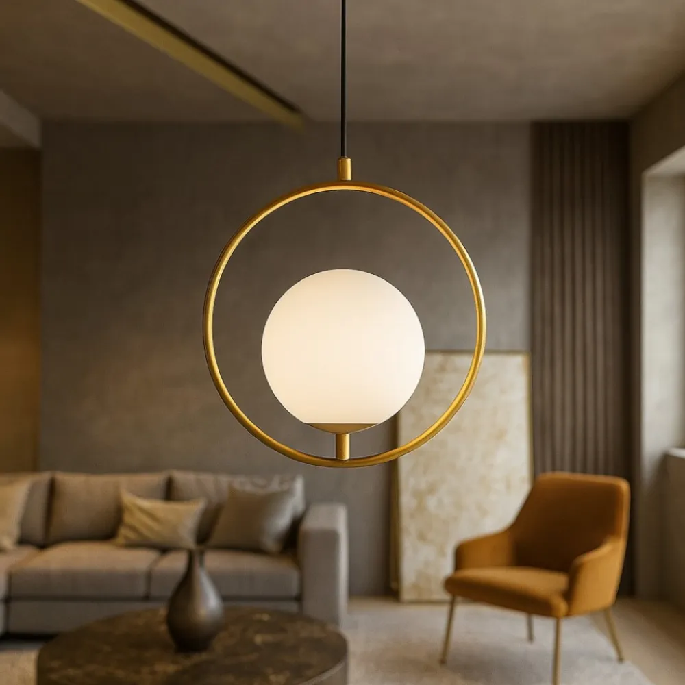 Lampadari Moderni-Selezionato da Mazzolaluce Lampadario oro sfera vetro bianco stile contemporaneo