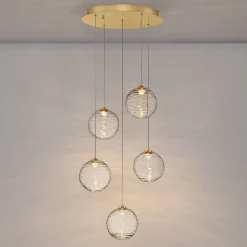 Lampadari Moderni-Selezionato da Mazzolaluce Lampadario oro sfere di vetro ondulato trasparente led 3000k dimmerabile per soggiorno