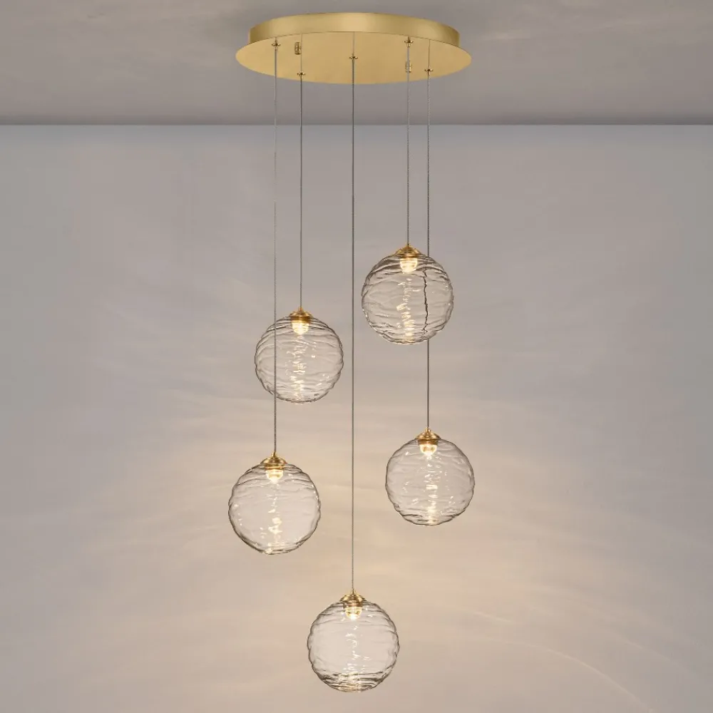 Lampadari Moderni-Selezionato da Mazzolaluce Lampadario oro sfere di vetro ondulato trasparente led 3000k dimmerabile per soggiorno