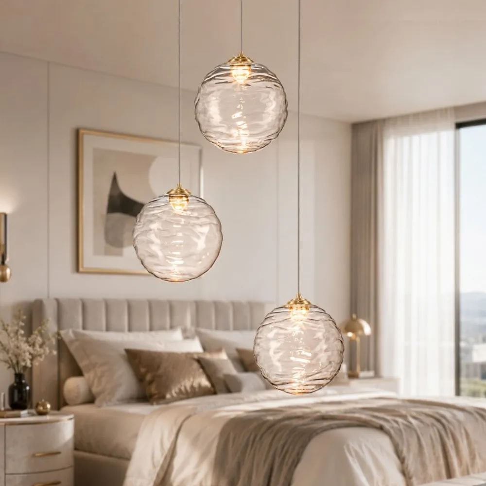 Lampadario Camera Da Letto-Selezionato da Mazzolaluce Lampadario oro sfere di vetro ondulato trasparente per camera da letto